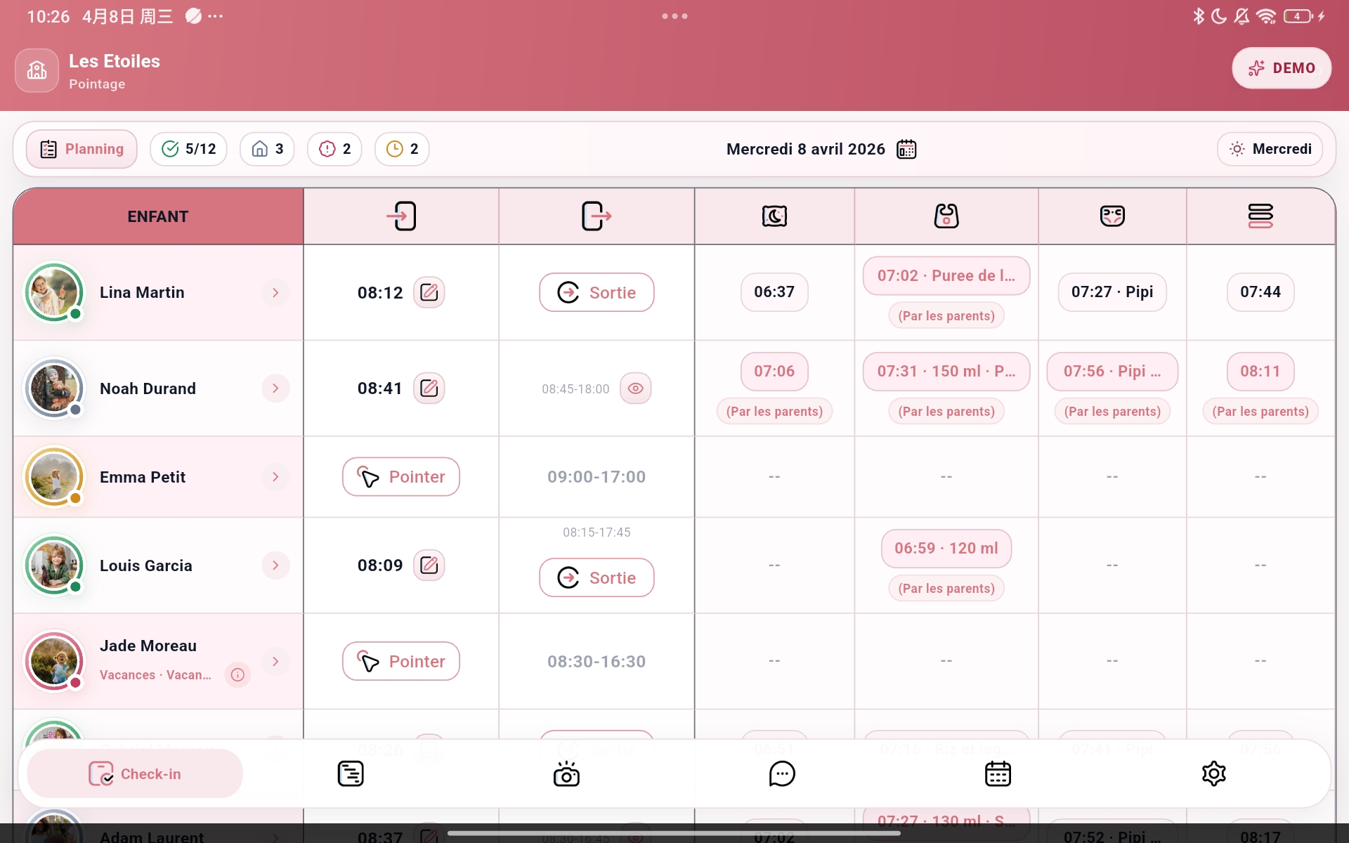 Interface Béjour Care de pointage et présence sur tablette
