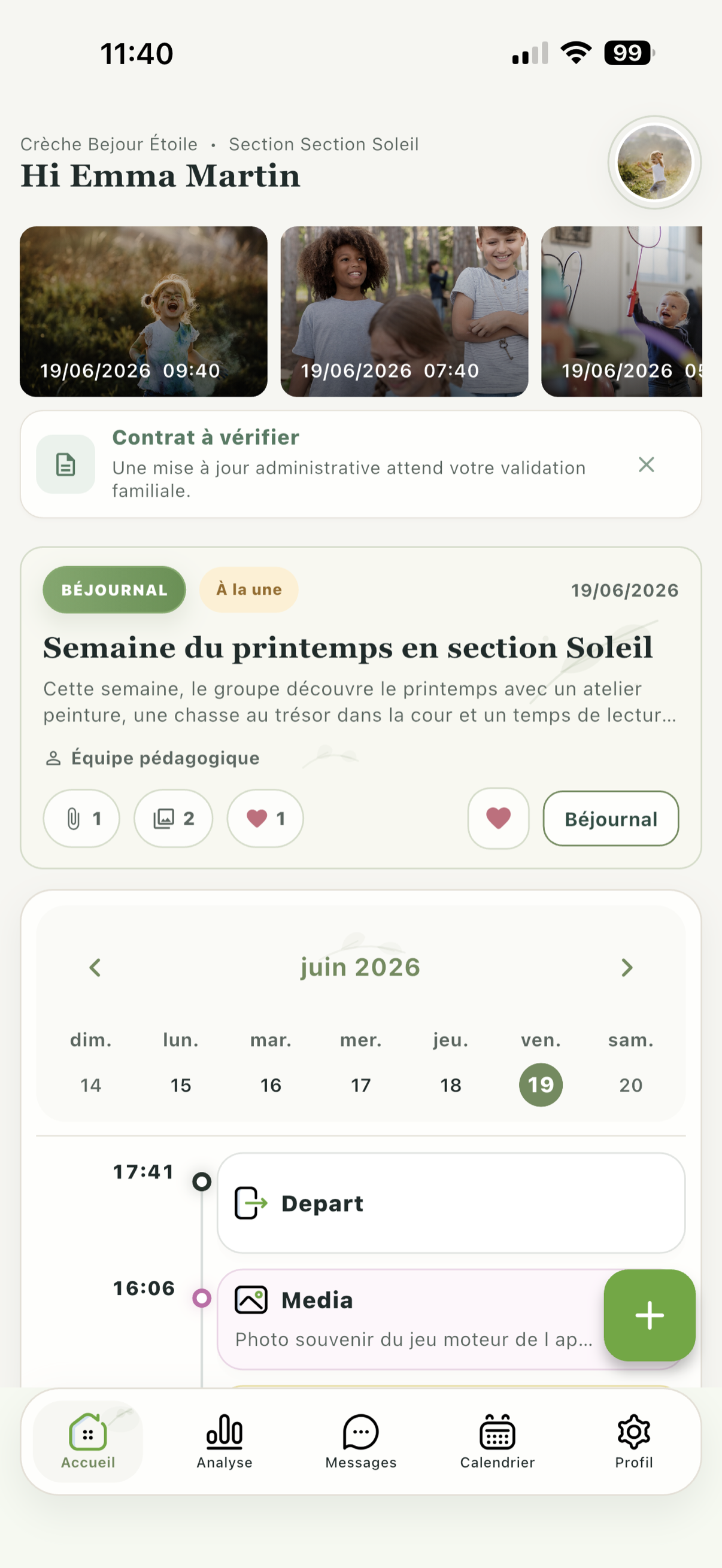 Interface Béjour Family accueil avec Béjournal et calendrier