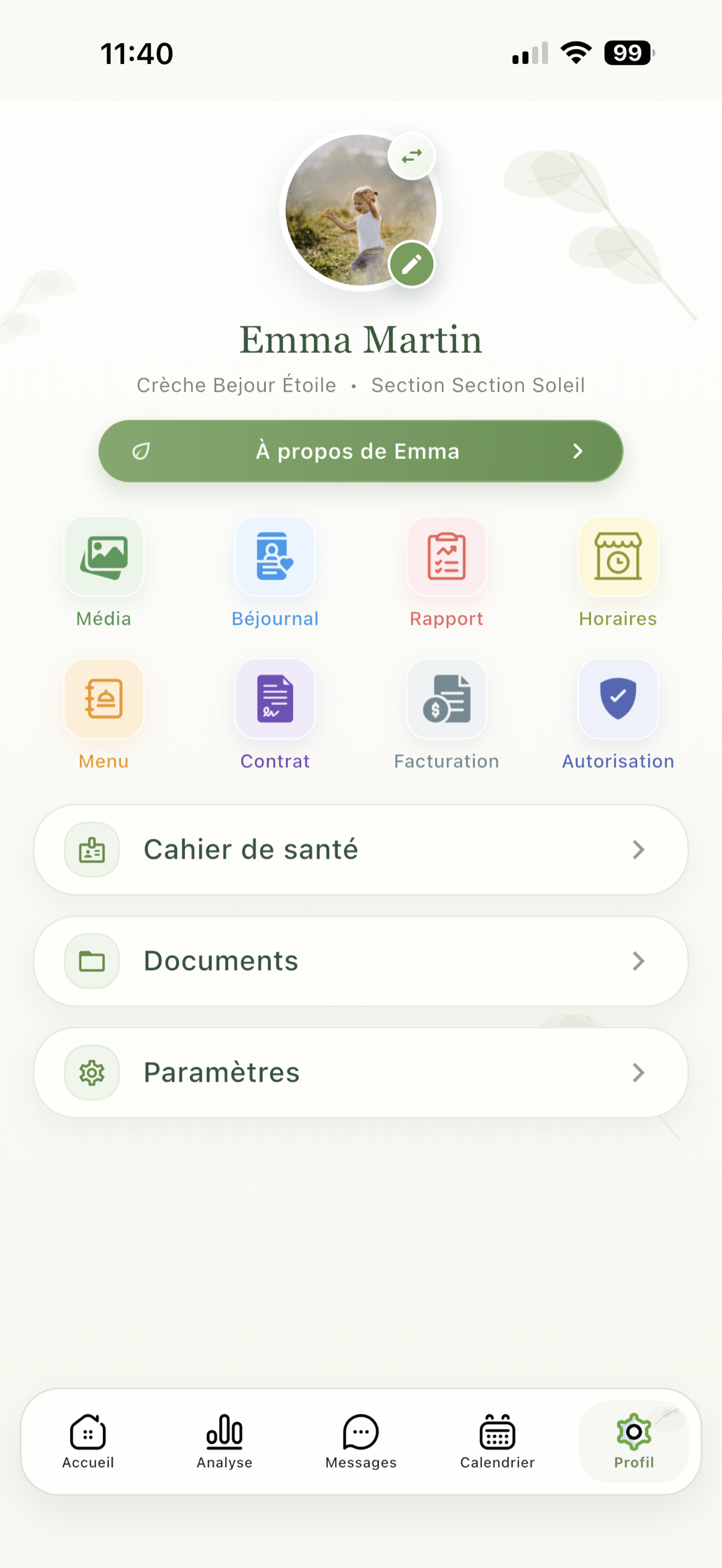 Interface Béjour Family profil et raccourcis famille