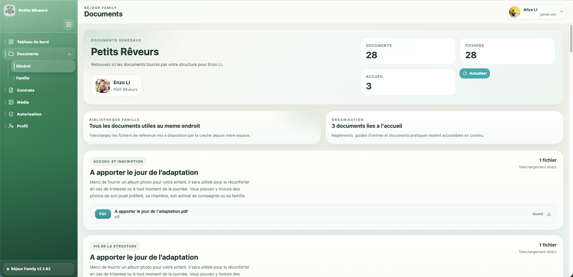 Interface web BÉJOUR Family pour les documents famille