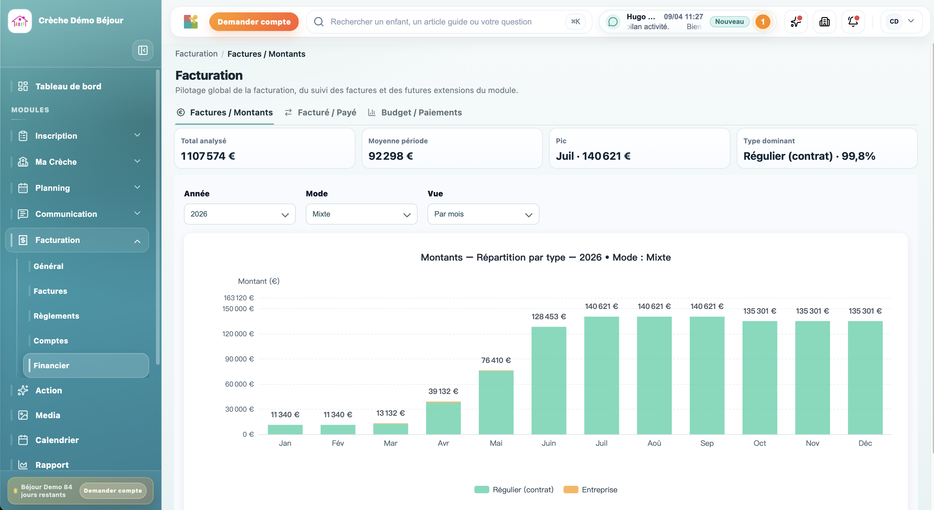 Interface Béjour Master de facturation et gestion financière