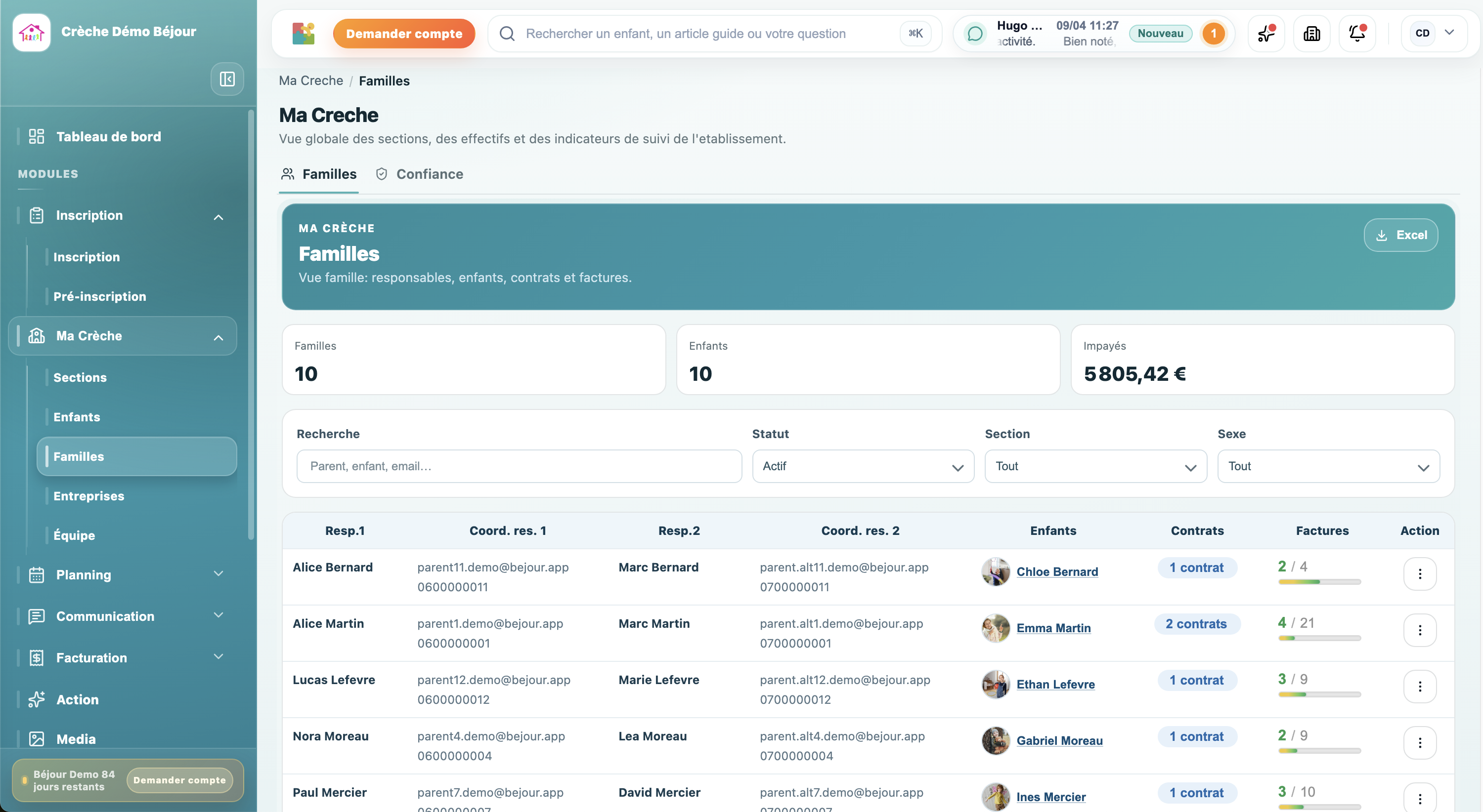 Interface BÉJOUR Family pour la communication avec les parents en crèche