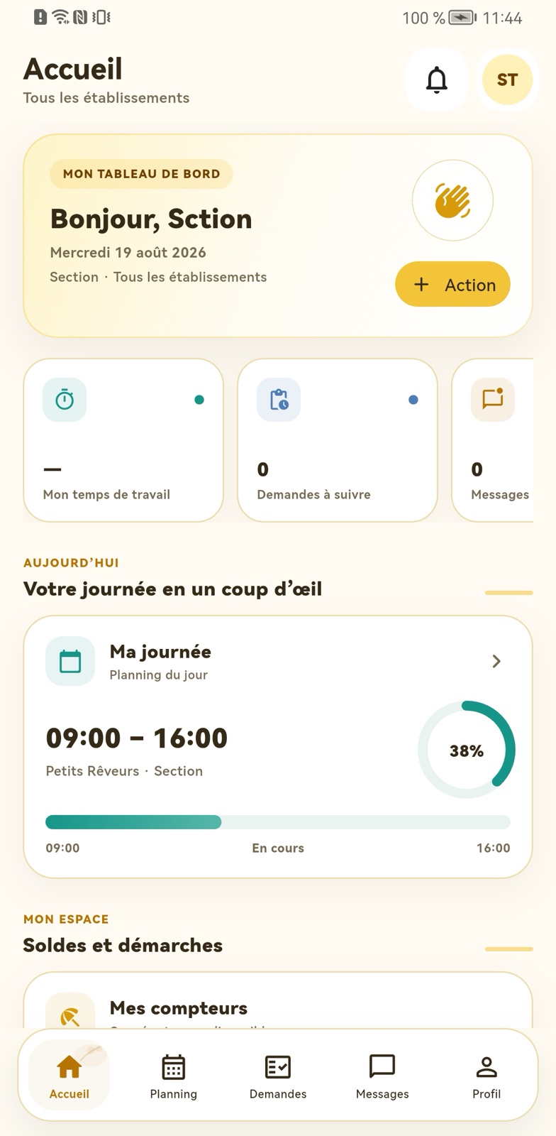 Tableau de bord d’accueil de l’application BÉJOUR Team