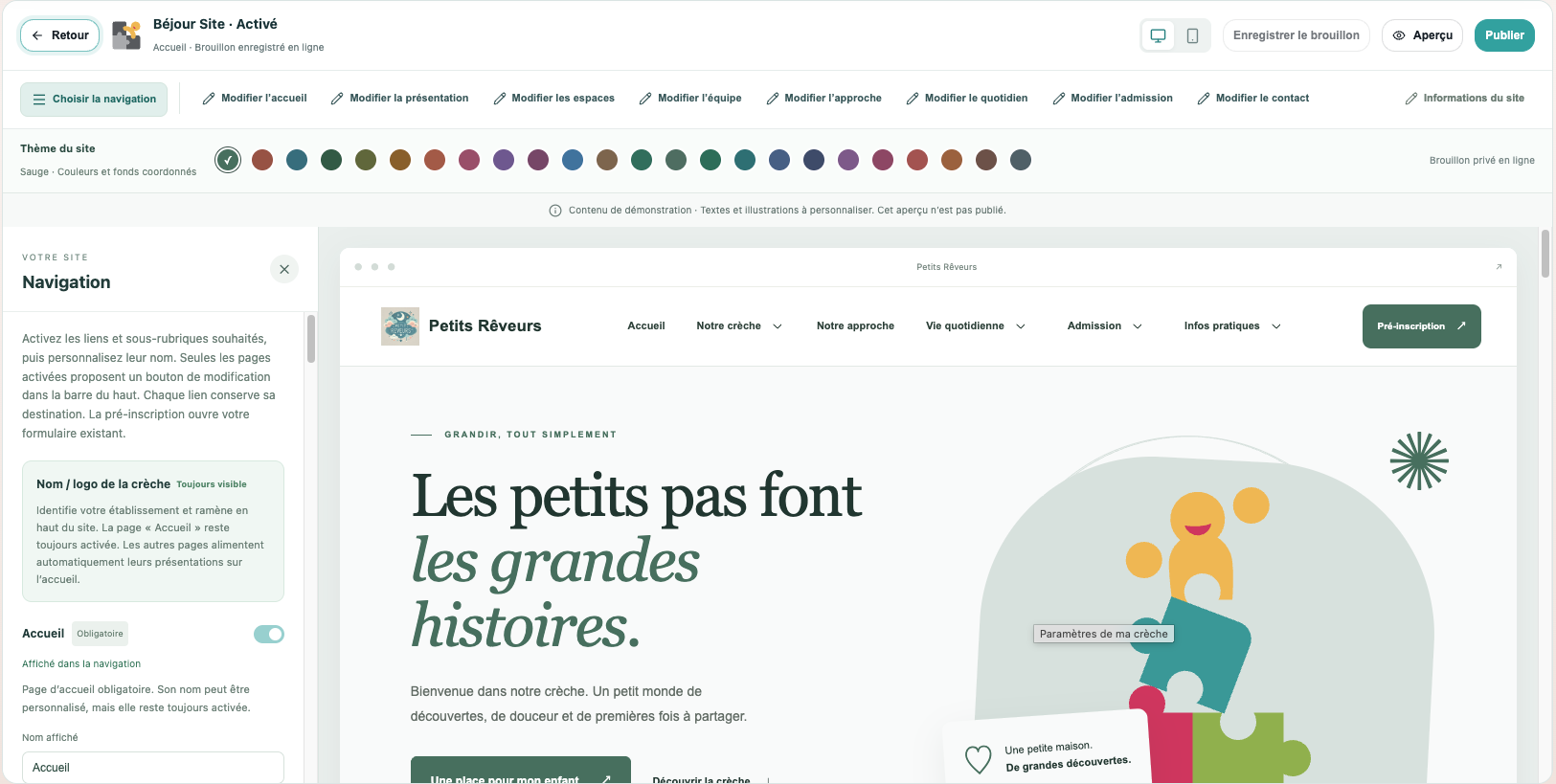 Éditeur Béjour Site : navigation, thèmes et aperçu personnalisable de la crèche