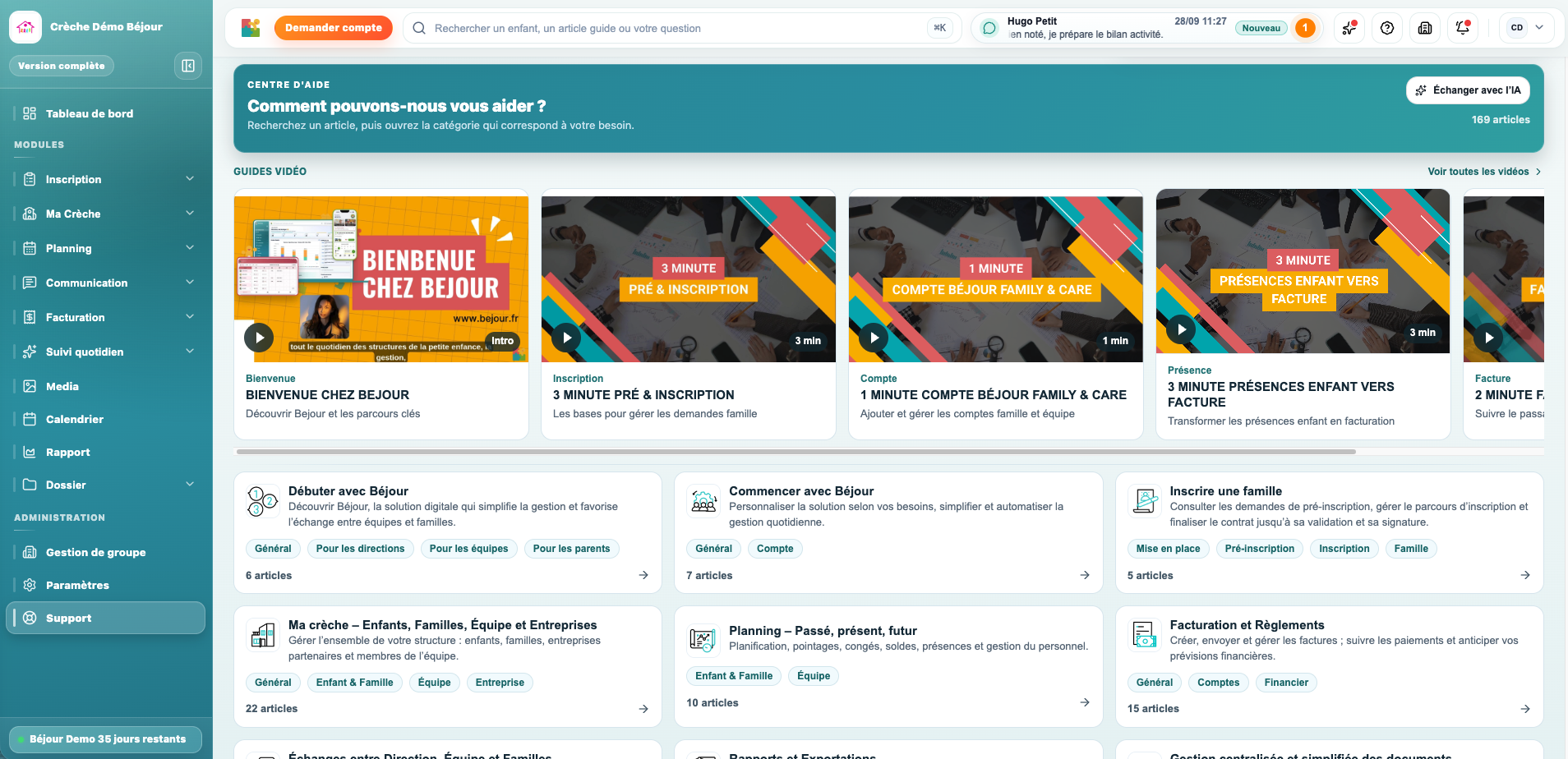 Centre d’aide Béjour : guides vidéo et articles organisés par thème